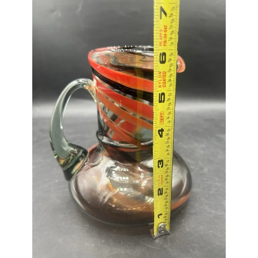 Hand Blown Art Glass Pitcher Amber Brown Swirl Applied Handle 6 1/8” Vase
